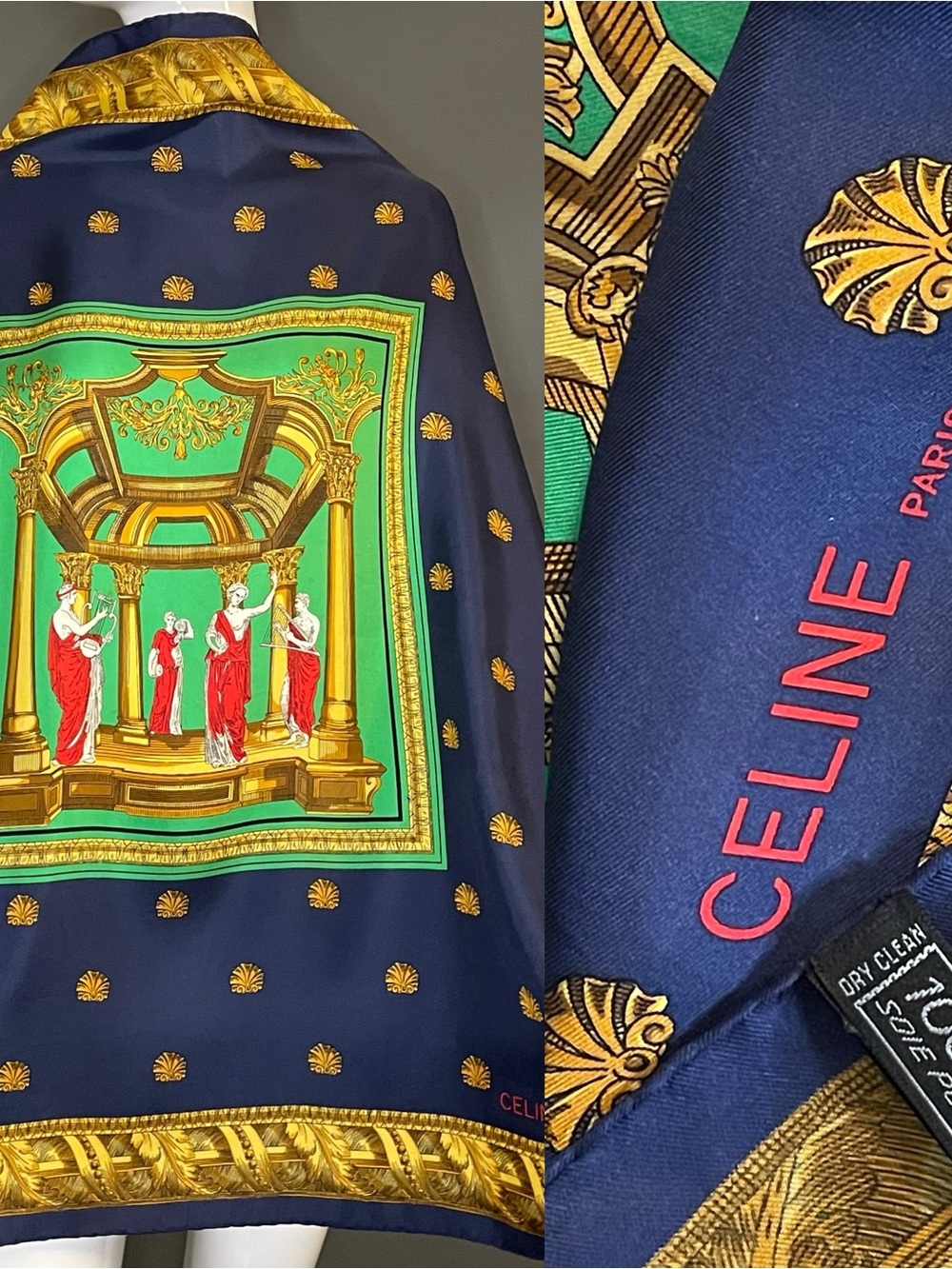 Beautiful Celine Silk Scarf 34 In Navy Green Gold Classic Excellent Condition